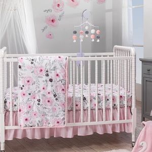 Blossom Pink Watercolor Floral 3 Piece Crib Bedding with diaper holder & mobile
